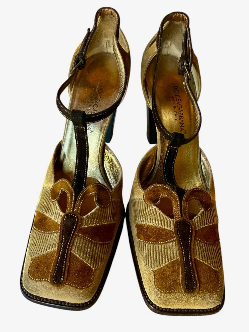 Vintage 90’s Dolce & Gabbana Suede/ Cord T-Strap Butterfly Block Heel Pumps 38.5